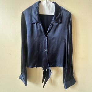 Wilfred Navy Long Sleeve Notched Collar Blouse with Tie Front